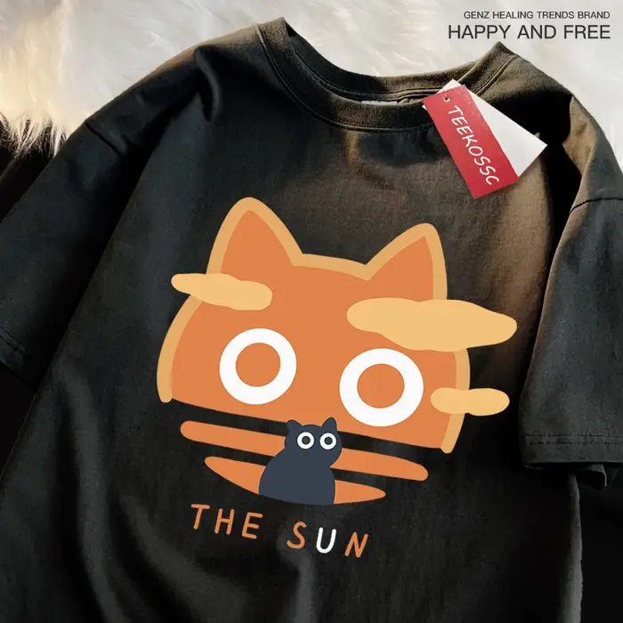 Le soleil Orange chat amusant Style japonais homme coton col rond T-Shirt été ample surdimensionné vêtements de haute qualité marque à manches courtes
