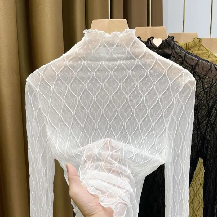 Haut à col roulé sexy et élégant en maille unie, respirant, à motif ajouré, en dentelle pour femme