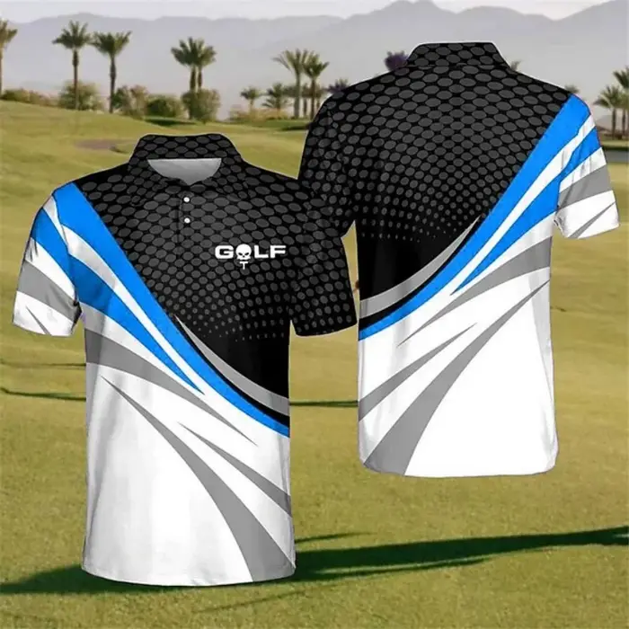 Polo pour homme à motif de golf coloré et amusant, imprimé 3D à rayures et quadrillé, décontracté d'