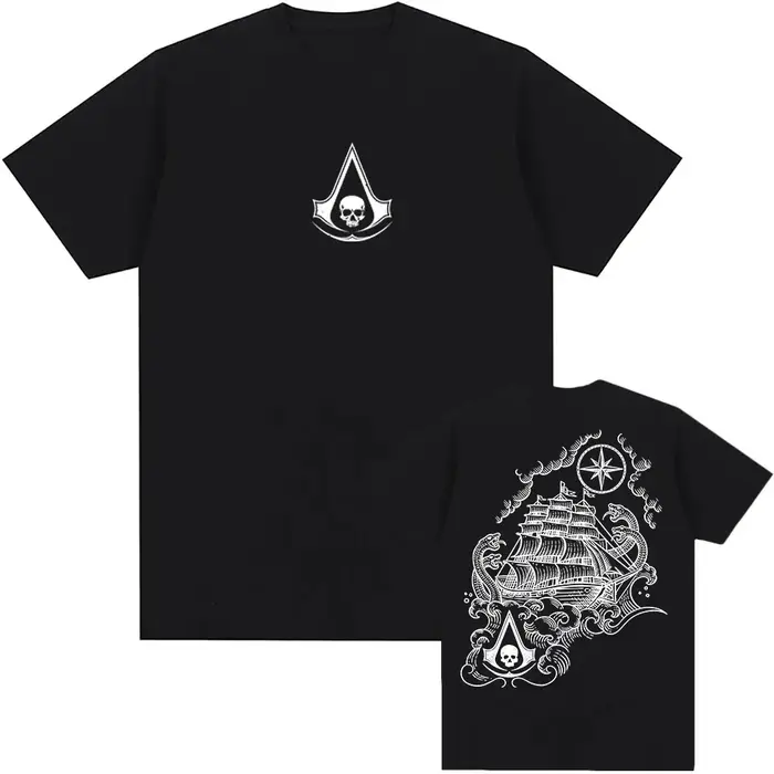 T-shirt Assassin's Creed Black Flag Resynced Map, unisexe, streetwear, décontracté, col rond, t-shir