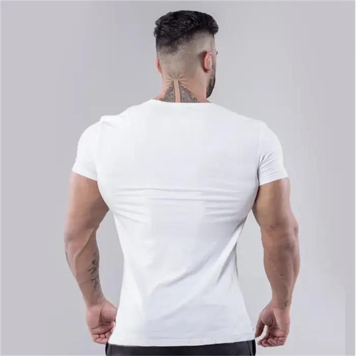 T-shirt de sport en coton uni pour hommes, vêtements de Fitness d'été, col en v, manches courtes, co