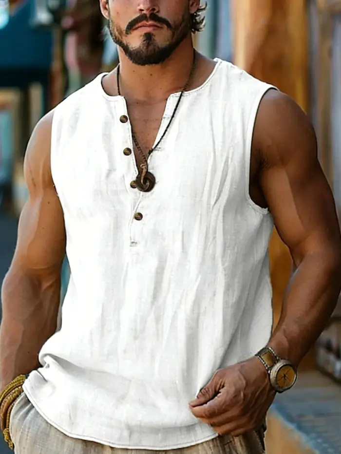 Débardeur d'été respirant pour homme, style Henry décontracté, en mélange coton-lin fin, coupe ample