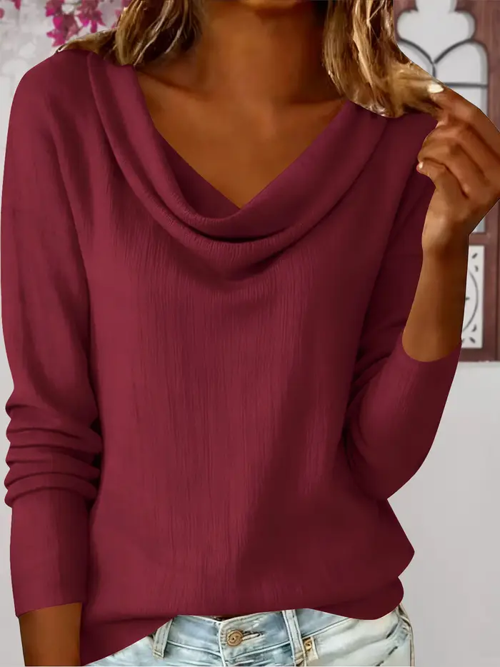 T-shirt élégant à col bénitier et manches longues - Couleur unie en mélange de lin et de coton tissé