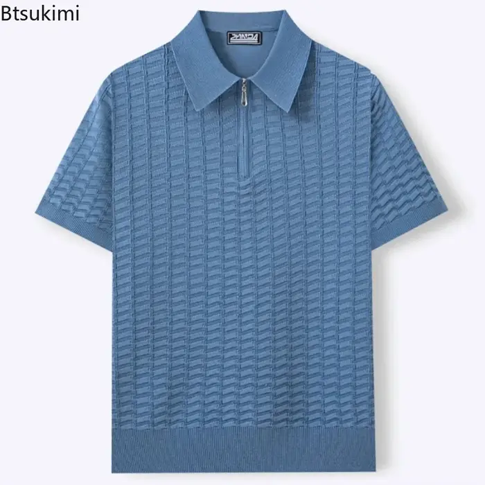 Nouveaux Polos Homme Décontractés Coupe Slim Été Couleur Unie Tricotés Pulls Vintage Manches Courtes Texturés
