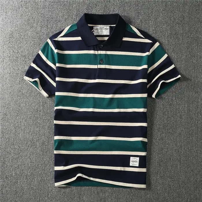 Coton épais May kaki vintage couleur contraste revers rayé polo à manches courtes T-shirt hommes mode