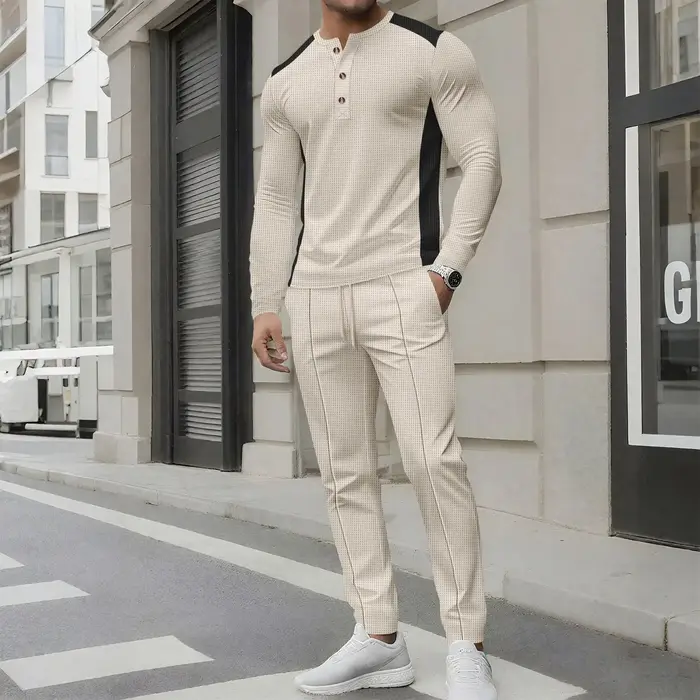Henley – T-Shirt à manches longues pour hommes, coupe décontractée, boutonné, couleur contrastée, ha