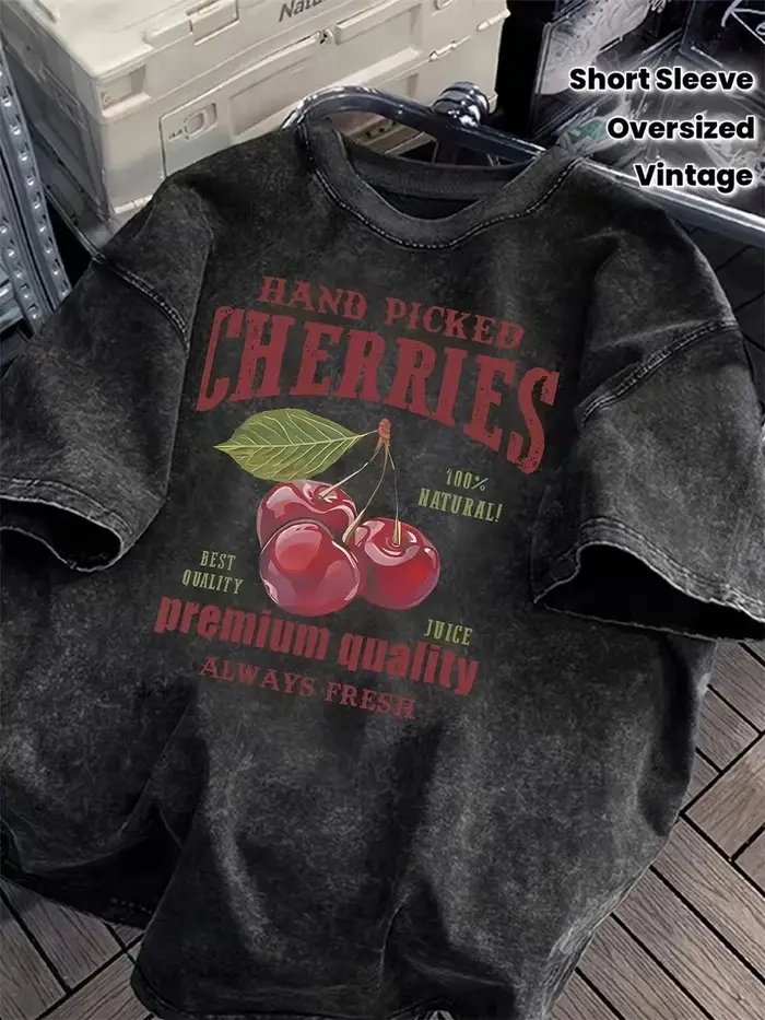 T-shirt vintage délavé à motif cerises pour femme - Manches courtes, design cerises, haut décontract