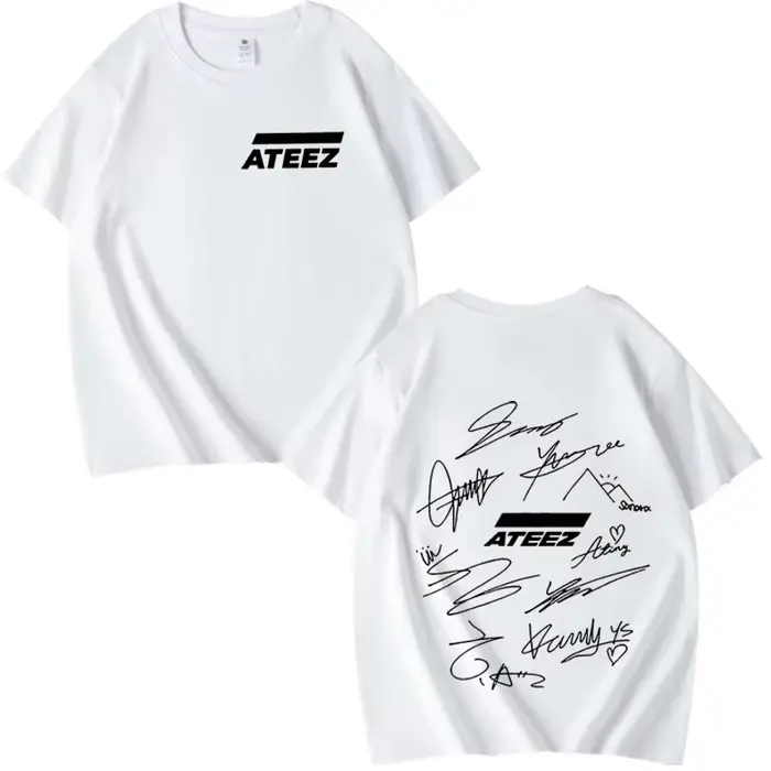 T-shirt ATEEZ World Tour avec signatures des membres du groupe et imprimé géométrique au dos