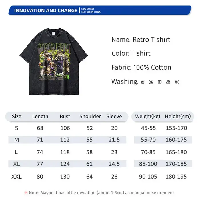 Bandai Anime JoJos t-shirt Vintage lavé JOJO boule d'acier course T-shirts Streetwear Manga Gyro Zeppeli hauts