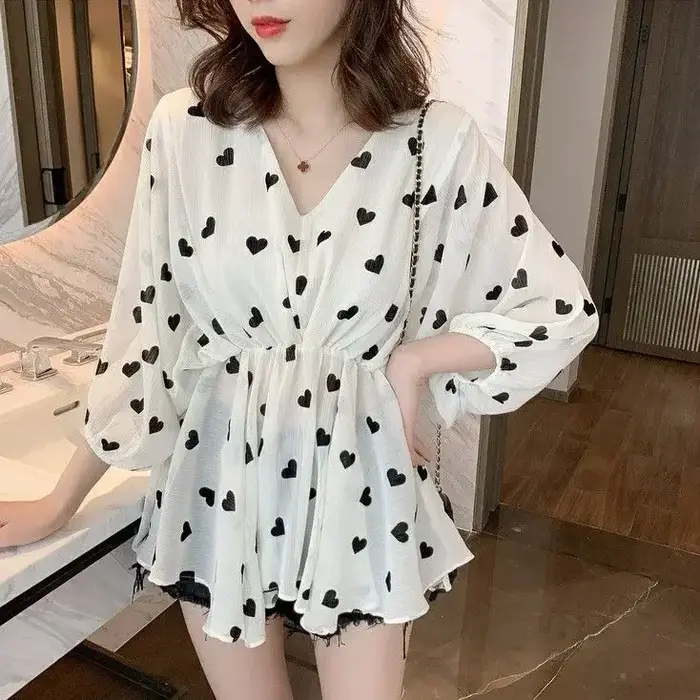 Hauts à col en V pour femmes, chemise et chemisier en mousseline de soie, vêtements amples, esthétiq