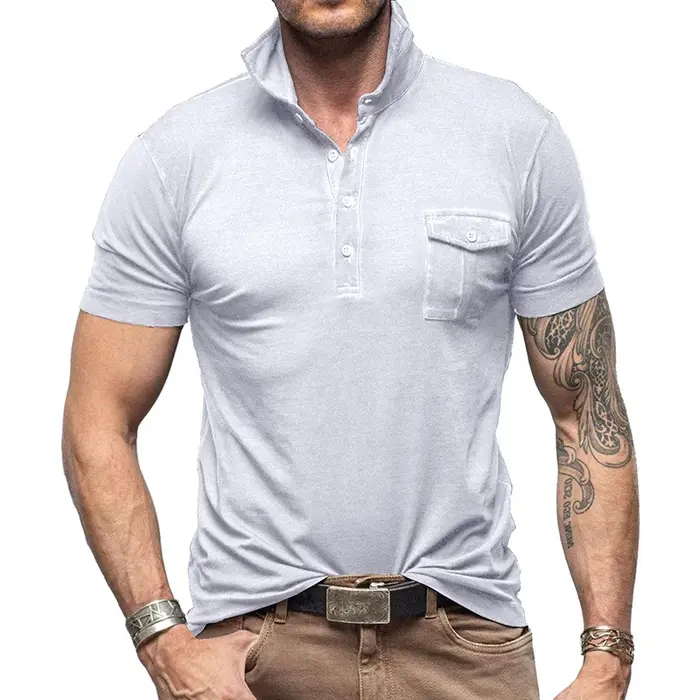 T-shirts bleu marine à manches courtes pour hommes avec poche poitrine