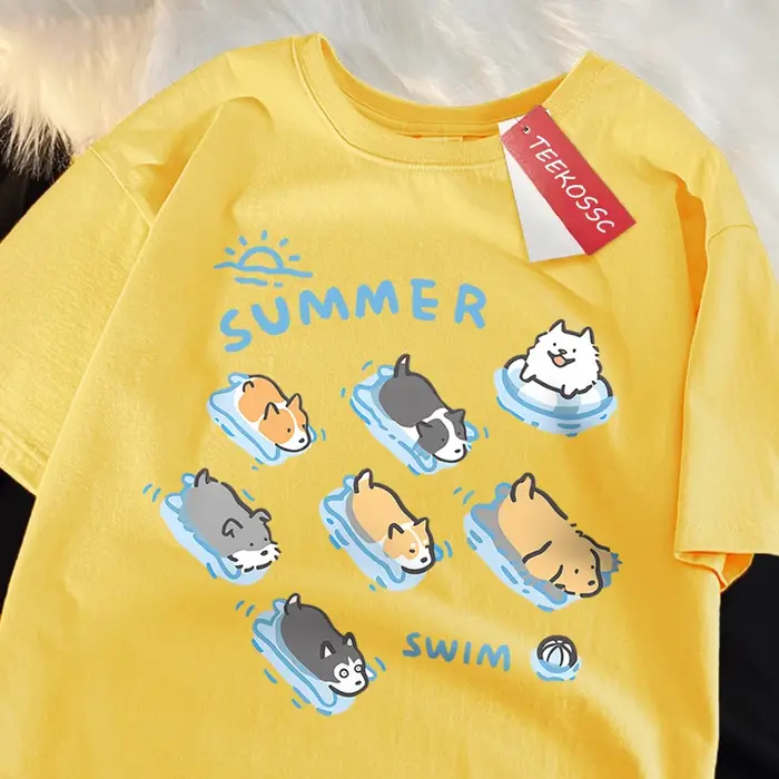 T-shirt de style japonais amusant pour la natation, chat et chien, t-shirts d'été décontractés pour femmes, t-shirt en coton respirant à la mode