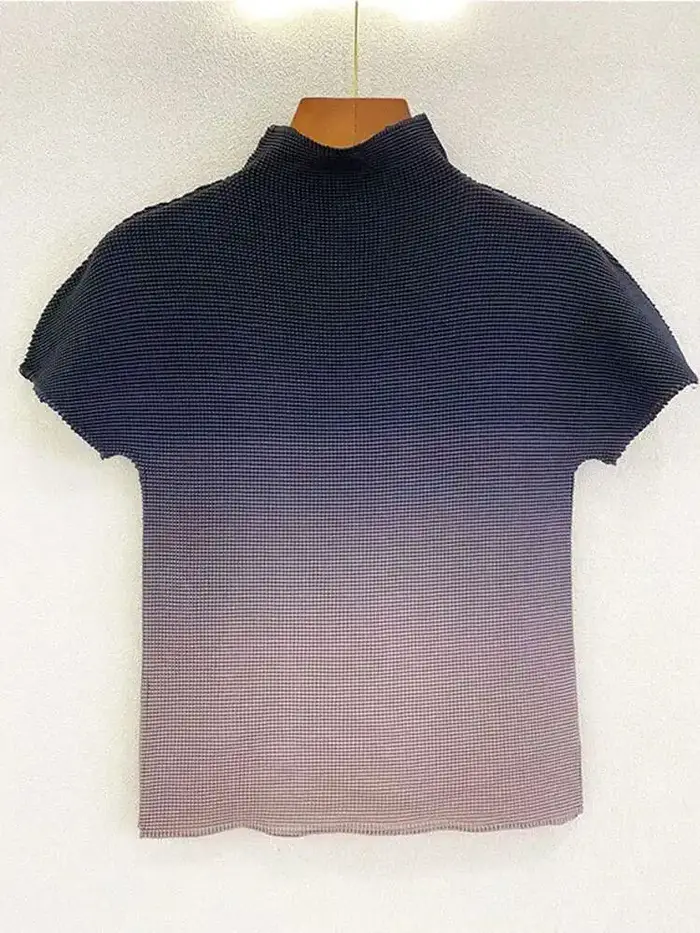 DEAT T-shirts plissés dégradés à col montant et manches courtes pour femme, style décontracté, nouvelle mode été 2026 15HT177