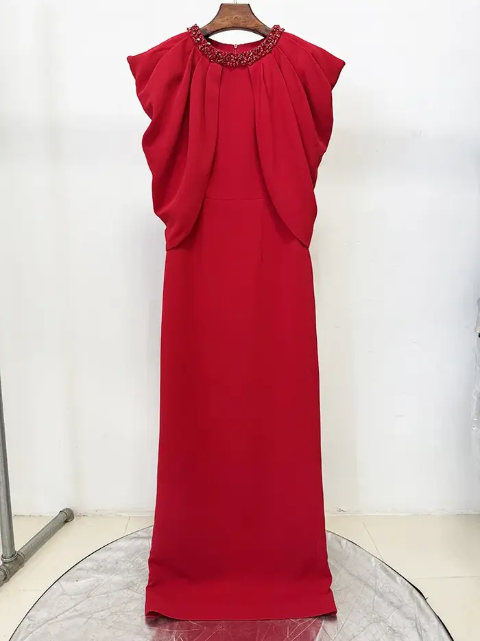 DEAT Robe de Soirée Élégante pour Femme, Manches Papillon, Plissée, Brodée, Évasée, Col Rond, Fendue