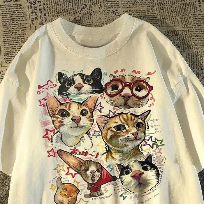 T-shirt à manches courtes pour femmes, rétro américain, amusant, imprimé chat de dessin animé, haut 