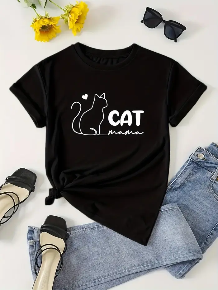 T-shirt imprimé Cat Mama, haut décontracté à manches courtes et col rond pour le printemps et l'été,