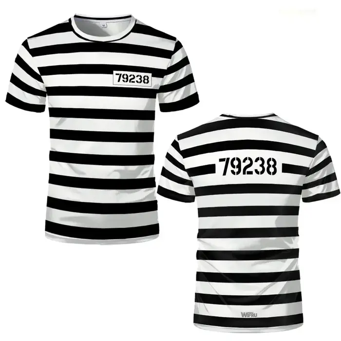 Nouveau T-shirt rayé Prisonnier 2026 Noir et Blanc Thème Prison Amusant et Original Manches Courtes Costumes de Fête Cosplay Homme et Femme