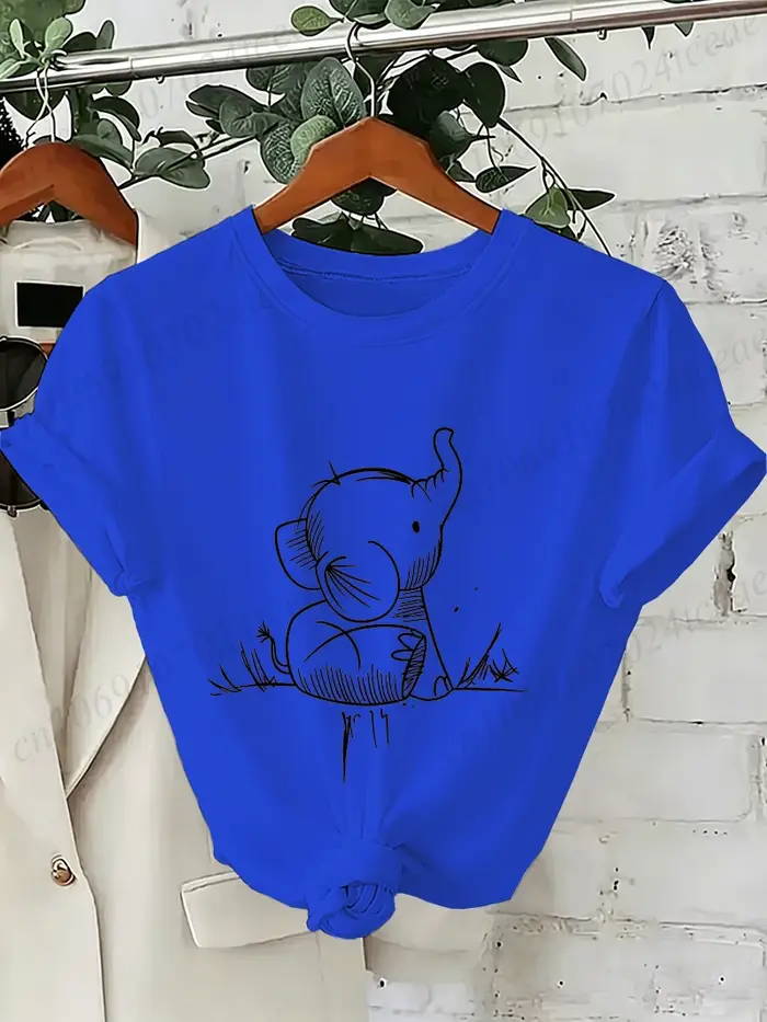 T-shirt unisexe à col rond et manches courtes pour femme, imprimé éléphant, motif animal sauvage, streetwear décontracté, coupe ample, hauts de mode quotidiens