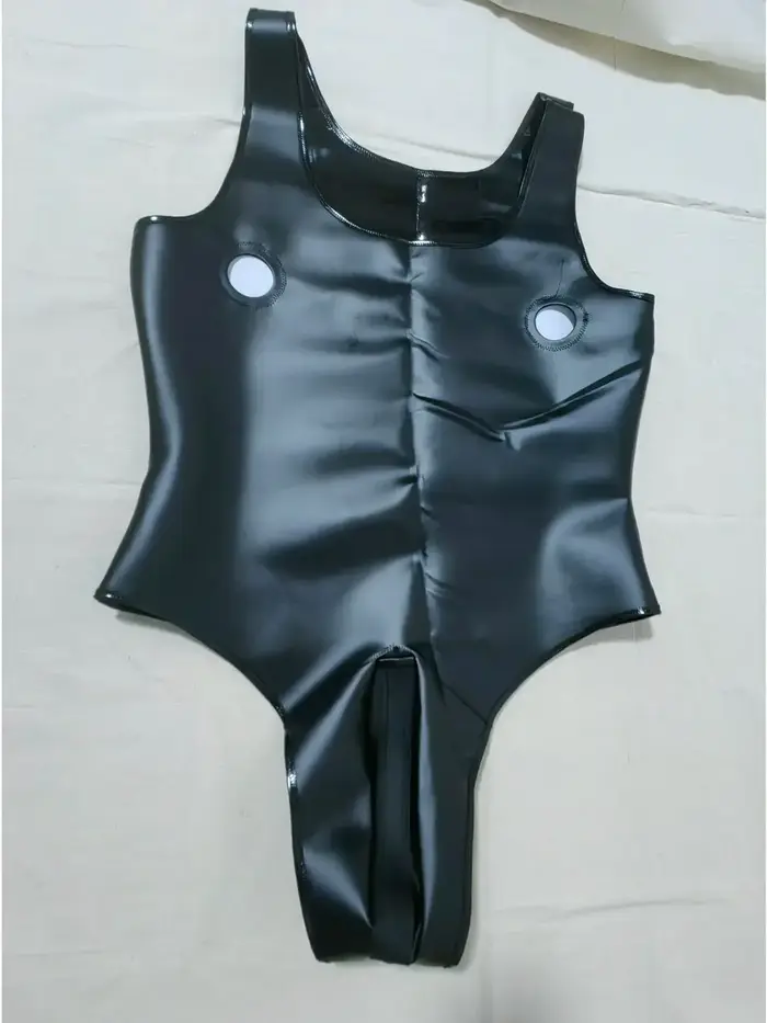 Débardeur moulant en cuir PU double face brillant pour homme avec fermeture éclair et poche convexe