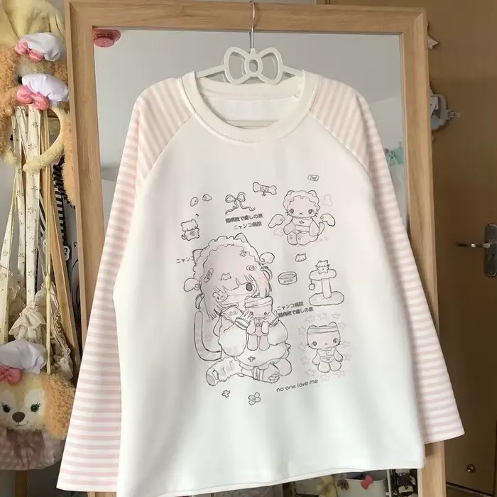 T-shirt à manches longues et col rond pour femme, sweat-shirt japonais mignon, haut esthétique Y2K, 