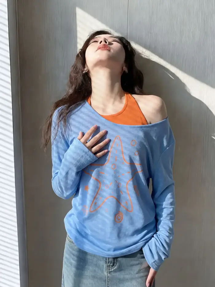 T-shirt bleu à épaules asymétriques et manches longues pour femme, ensemble deux pièces d'été ample 