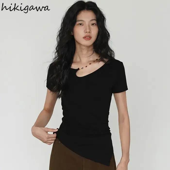 T-shirts Femme Noire 2026 – Tunique à Manches Courtes en Coton Y2K – Hauts Décontractés et Sexy pour l'Été – Style Coréen – Camisetas