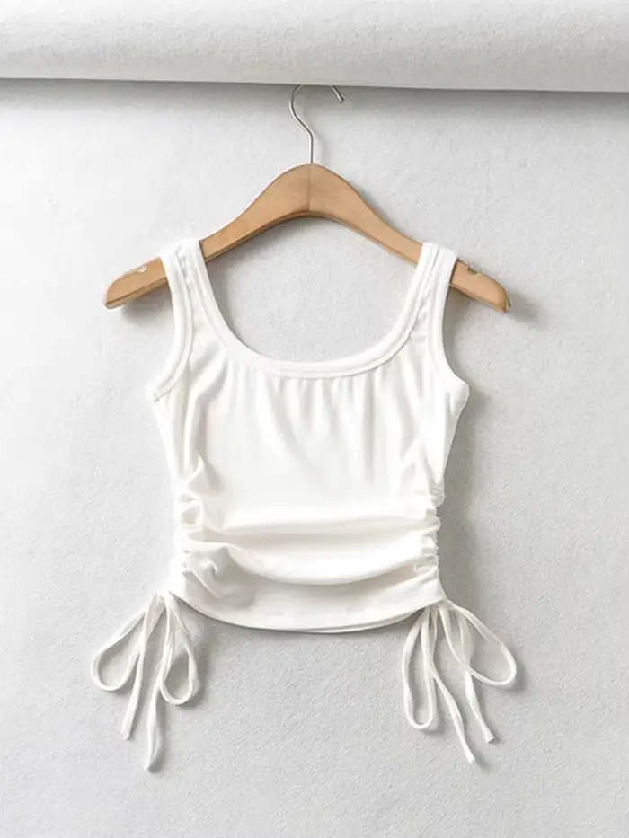 Nouveauté filles décontracté couleur unie deux côtés cordon gilet plis froncé Sexy débardeur et Cami