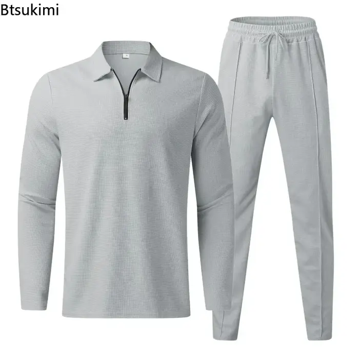 Nouveaux hommes décontracté à manches longues Polo + pantalons de survêtement ensembles de costume solide