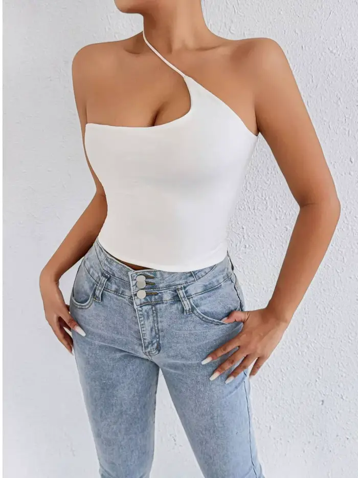 Haut court asymétrique blanc à une épaule pour femme