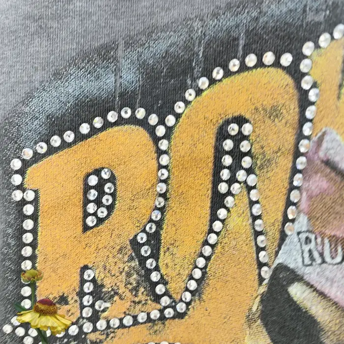 T-shirt Homme Américain Rétro Délavé à Paillettes et Clous Effet Vieilli et Troué