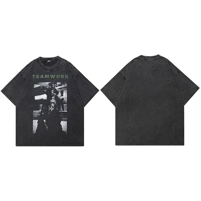 HipHop 2025 rétro Vintage lavé noir T-Shirt Streetwear graphique travail d'équipe crâne fantôme T-Sh