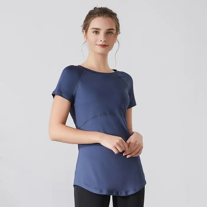 Femmes Yoga chemises manches courtes Sport T-Shirts respirant mince chemise de course séchage rapide gymnase Fitness hauts couverture hanches Blouse femme