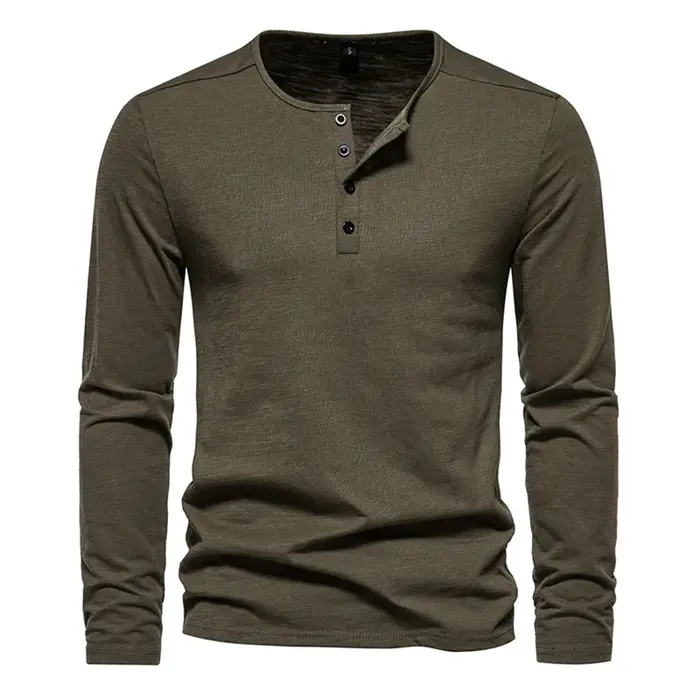 Hommes à manches longues T-shirt coton coupe ajustée chemise de fond Fitness hauts t-shirts bouton c