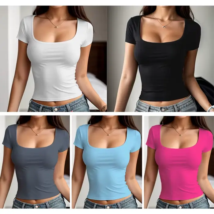 T-shirt à manches courtes pour femmes, couleur unie, col carré élastique, coupe cintrée, Sexy, Y2k,