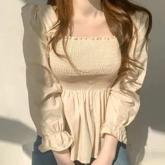 Élégant à manches longues plissé blanc femmes Blouse bureau dame mode doux col carré chemise nouveau décontracté élastique mince hauts 8023