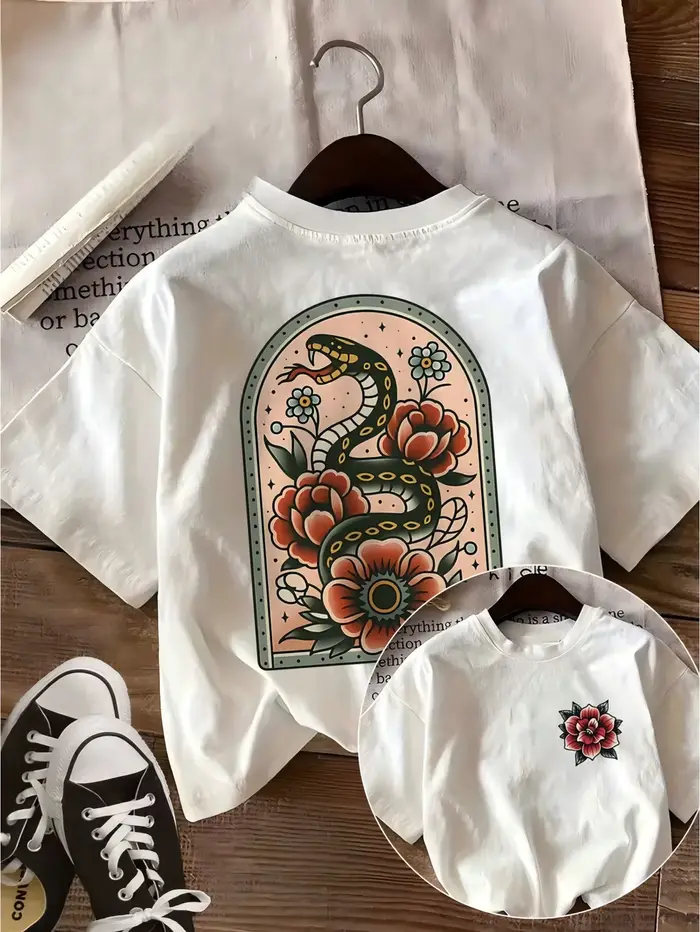 T-shirt graphique serpent floral style tatouage vintage, esthétique rétro, streetwear Harajuku, haut