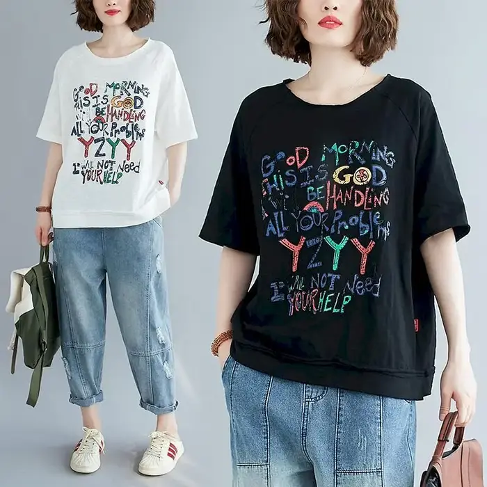 T-shirt manches courtes femme, ample et décontracté, en coton, avec lettres imprimées, art coréen, t