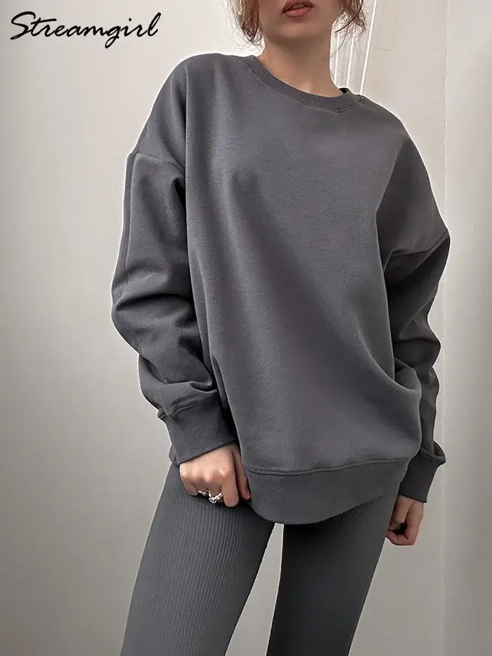 Sweat-shirt surdimensionné en coton pour femme, pull ample, rouge, col rond, chaud, surdimensionné,
