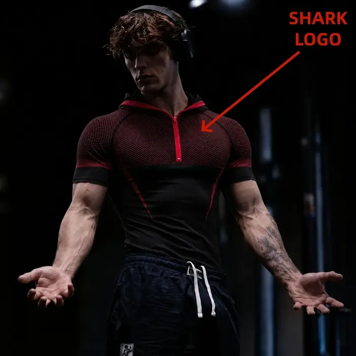 T-shirt à capuche GYM ONYX V5, combinaison de fitness avec logo en silicone SHARK, haut d'entraînement pour sports de plein air, haut à capuche à manches courtes pour la course à pied et le fitness