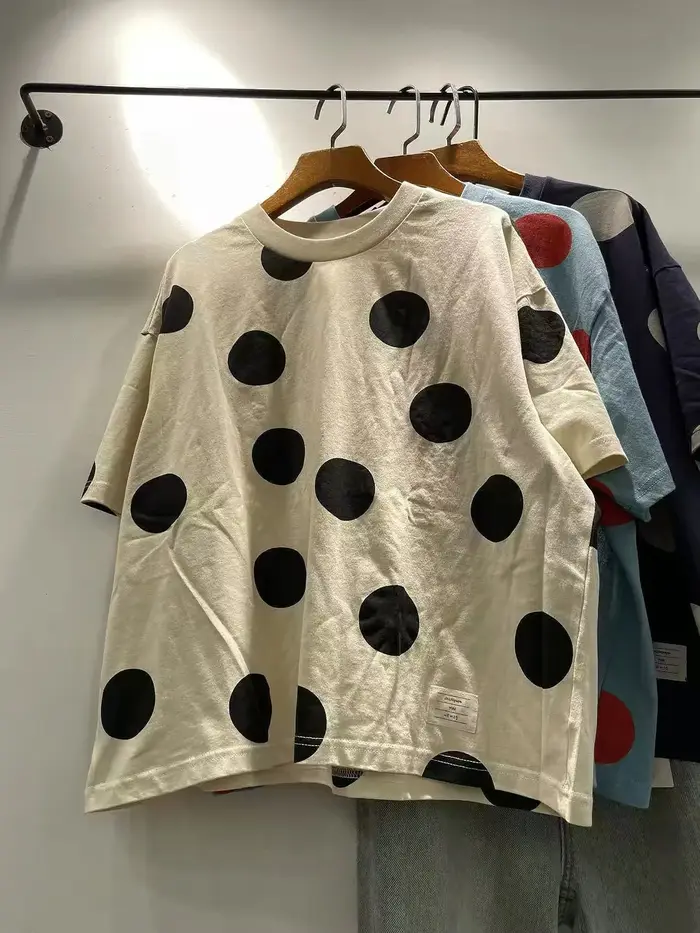 T-shirt à pois style japonais Mori Girl 2026 pour femme, haut décontracté ample en coton à manches c
