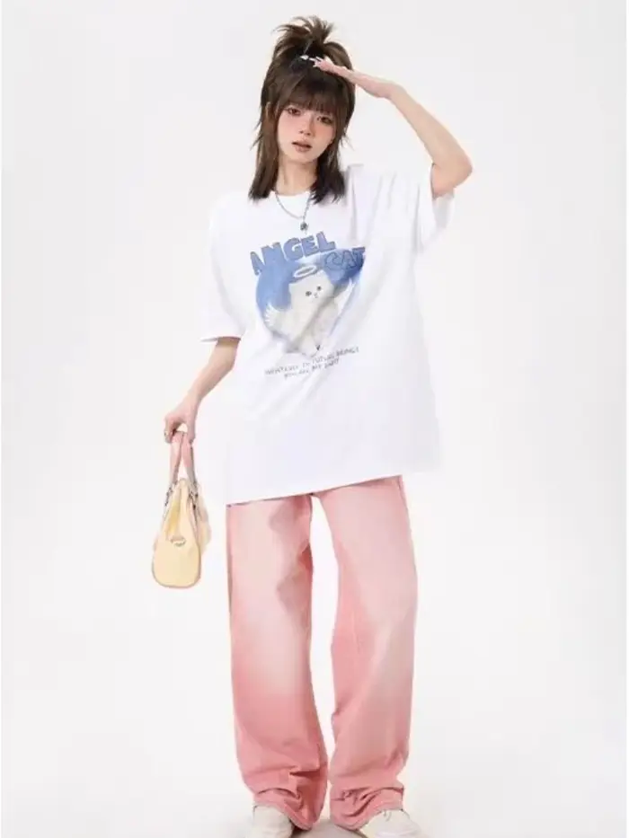 T-shirt imprimé chat ange mignon pour hommes et femmes pur coton mode d'été tendance décontracté confortable Couple haut à manches courtes Harajuku