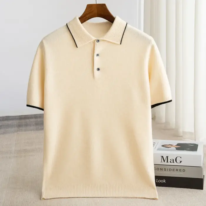 Pull en laine pure à col polo pour homme, manches courtes, tricoté, nouvelle collection printemps-au