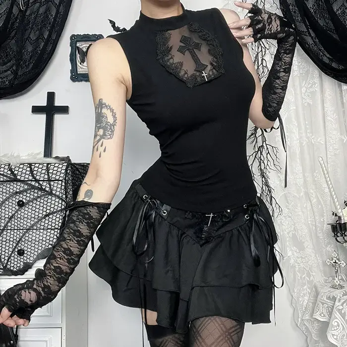 Goth foncé été réservoirs haut solide basique Techwear hauts femmes centre commercial gothique maille Patchwork croix gilet sans manches T-shirt Alt vêtements