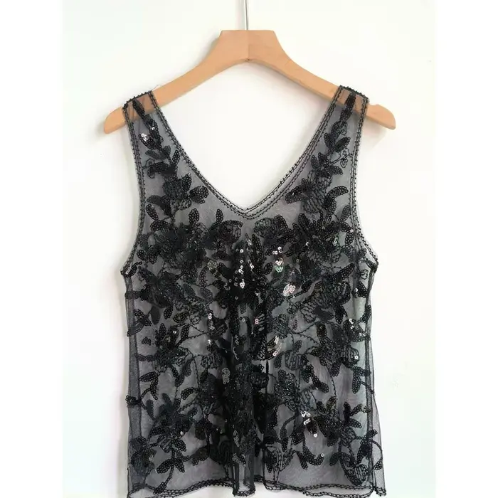 Paillettes perles Style français 2025 été nouveau gilet sans manches coupe ajustée Perspective Sexy Chic Ins mince débardeur ample