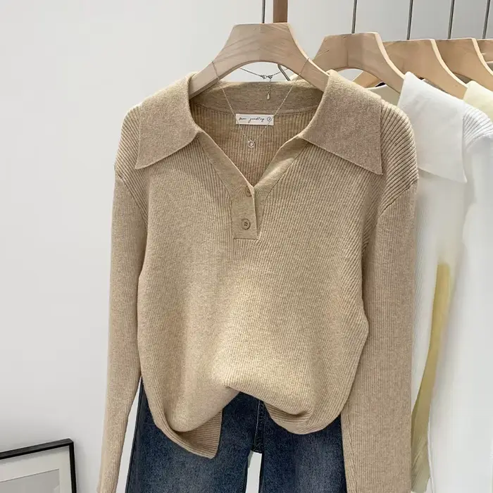 DUOJIHUI-Pull à Manches sulfet Col Polo pour Femme, Vêtement Basique, Chic, Décontracté, Simple, Trè