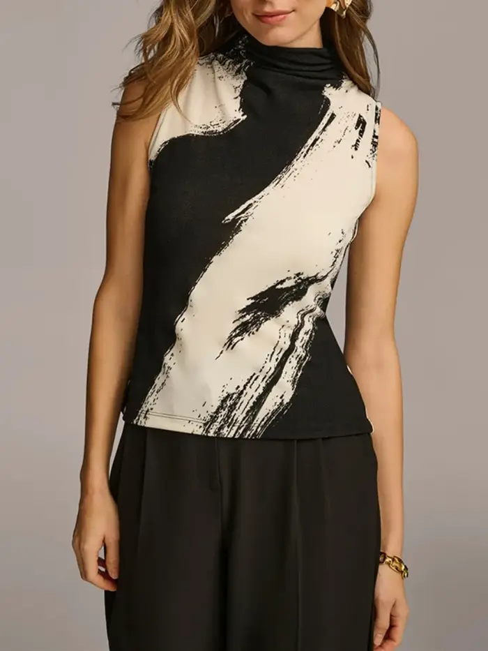 UOOZEE femmes sans manches col haut gilet hauts 2025 nouvelle mode d'été contraste couleur urbain décontracté bureau maigre T-shirts