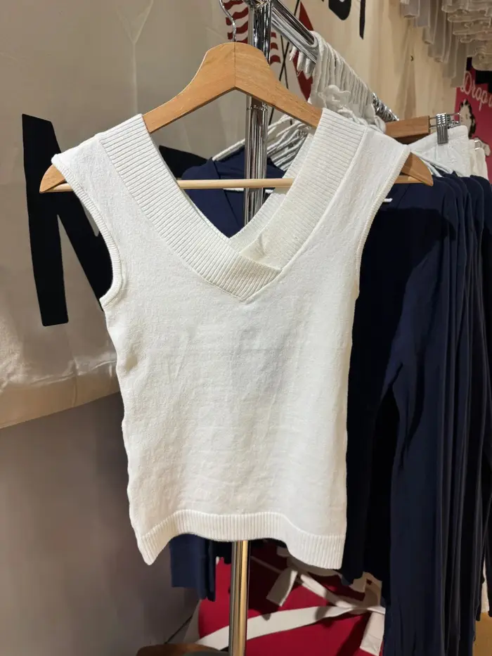 Débardeur tricoté blanc pour femme, Double col en v, sans manches, Slim, couleur unie, Simple, décon