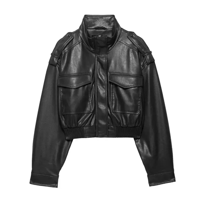 HH mode printemps femmes Faux cuir recadrée veste 2026 Vintage col rabattu fermeture éclair manches longues Bomber mante