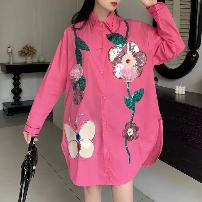Paillettes fleurs point ample décontracté surdimensionné longues chemises et chemisiers en coton pour les femmes 2025 printemps été hauts filles Y2k Camisas