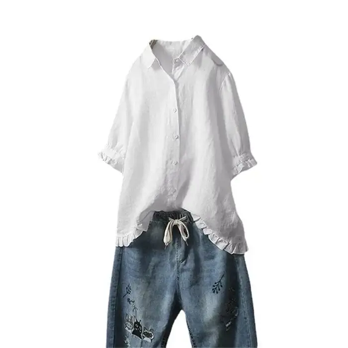 Chemise en coton et lin à manches courtes pour femme
